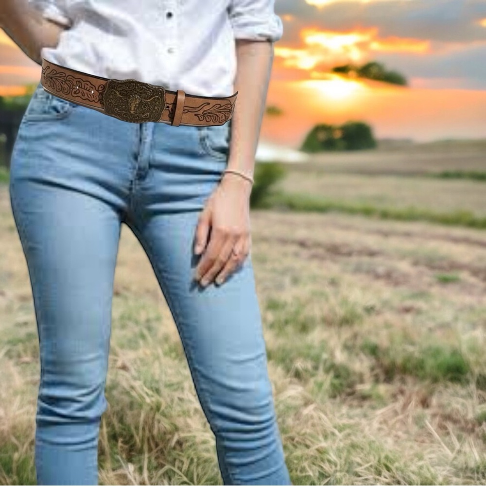 Western Bull Head Buckle Unisex Belt Vintage Embossed Brown PU‎ Leather Belt